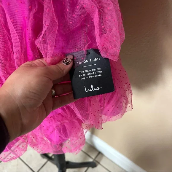 Lulus Dramatic Poise Hot Pink Dot Tulle Puff Sleeve Tiered Mini Dress - Picture 4 of 9